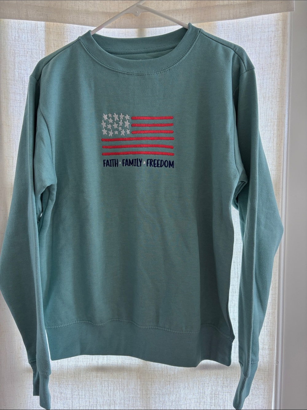 Love in Seafoam Crewneck with Patriotic Embroidery